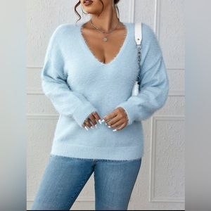 Plus Drop Shoulder Fluffy Knit Sweater